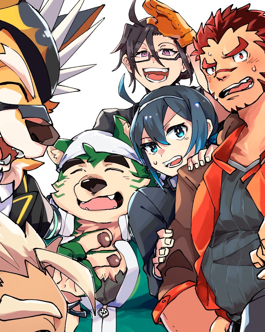 anthro blue_eyes blush eyebrows female fur green_body green_fur group kerchief male mask overweight pawpads scar thick_eyebrows bjfbb64616 lifewonders live_a_hero akashi_(live_a_hero) crowne_(live_a_hero) mokdai ryekie_(live_a_hero) sui_(live_a_hero) canid canine canis domestic_dog felid human mammal pantherine tiger hi_res