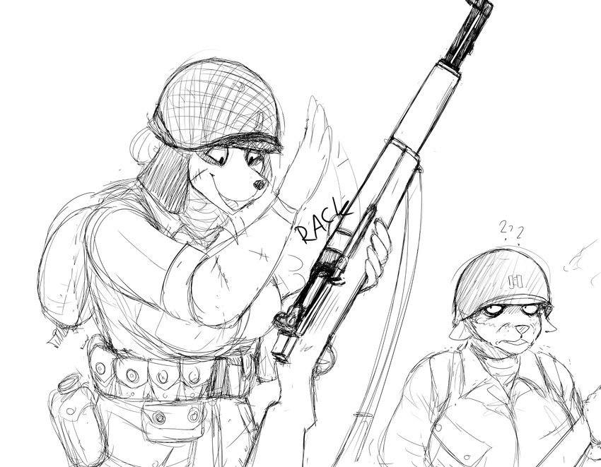 anthro armor clothing duo female gun happy headgear helmet loading_gun m1_garand military military_uniform question_mark ranged_weapon surprise surprised_expression uniform weapon world_war_2 hladilnik peggy_patterson samantha_thott canid canine canis domestic_dog fox mammal hi_res monochrome