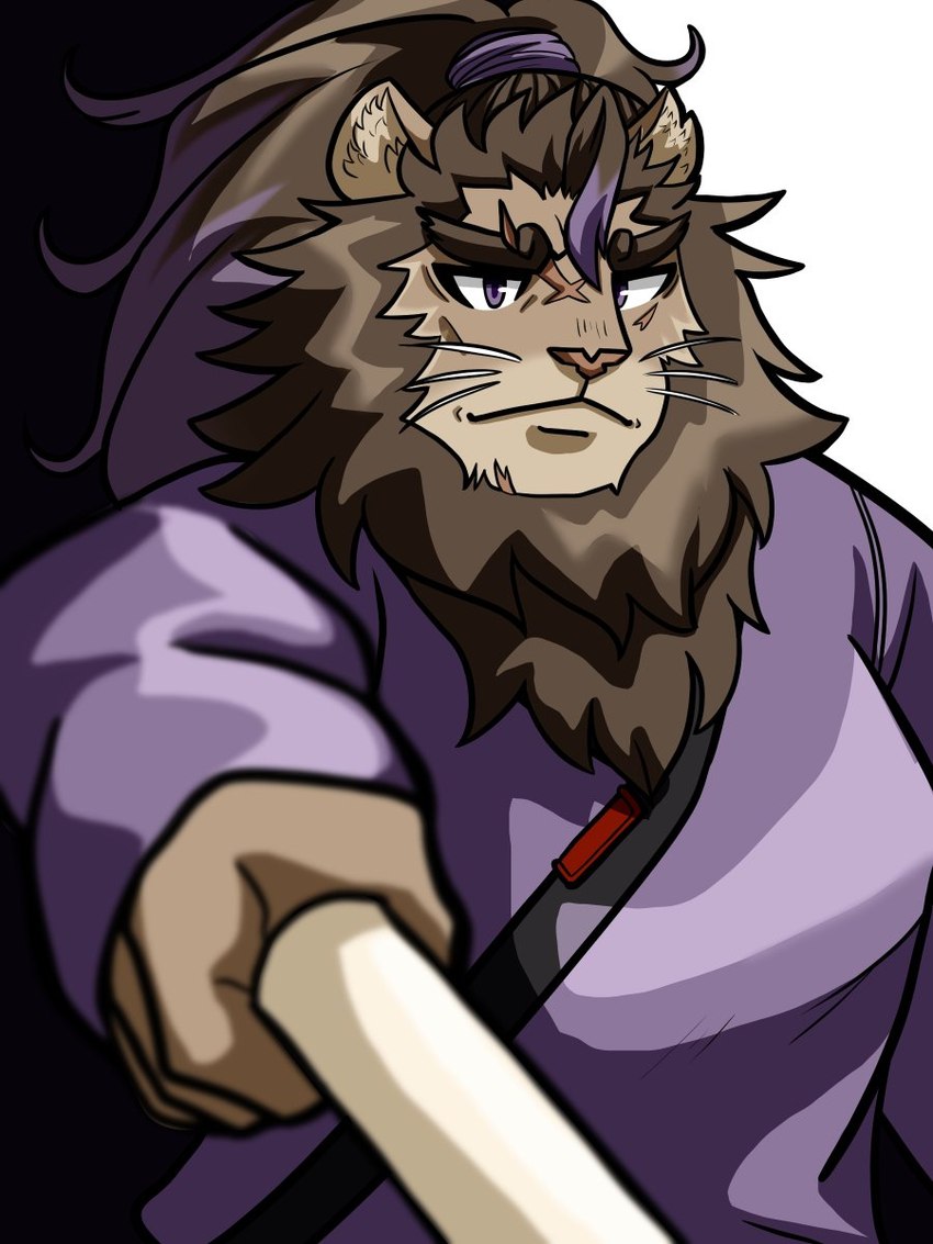 anthro beard brown_body brown_fur clothing eyebrows facial_hair fur hair kendogi male mane mane_hair martial_arts_uniform muscular muscular_anthro muscular_male ponytail purple_clothing purple_eyes solo sportswear thick_eyebrows whiskers sui6sweet lifewonders live_a_hero toshu felid lion mammal pantherine 3:4 hi_res