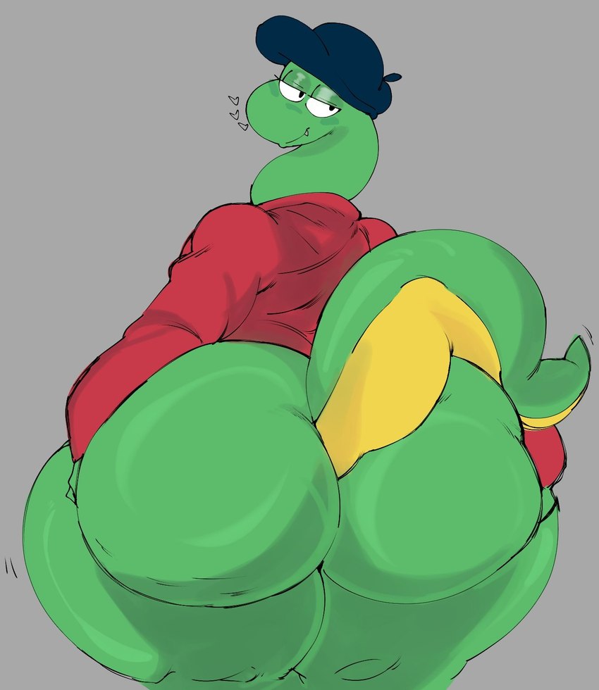 anthro bedroom_eyes big_butt bottomless butt butt_grab clothed clothing green_body green_skin hand_on_butt heart_symbol huge_butt huge_thighs hyper hyper_thighs male narrowed_eyes red_clothing seductive solo sweater thick_thighs topwear elpegakito snakejw_(bendyjw) reptile scalie snake hi_res