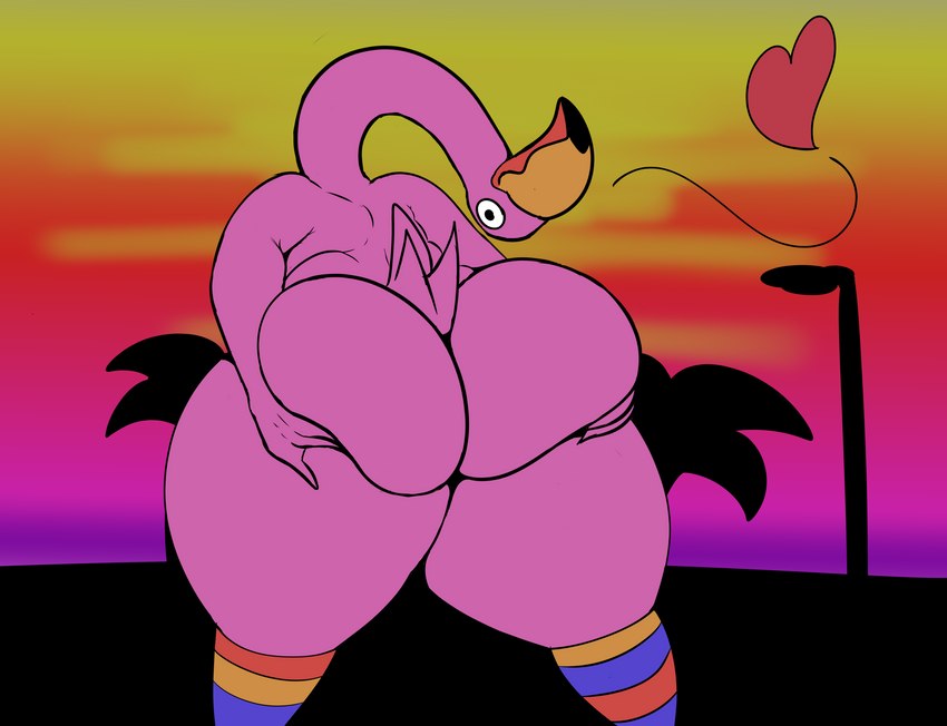 anthro big_butt butt holding_butt huge_butt long_neck looking_back male simple_background solo thick_thighs bellyboi13 avian bird flamingo absurd_res hi_res