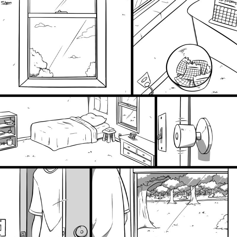 ambiguous_gender bed bedroom bookshelf calendar clothed clothing door dresser furniture inside lightswitch not_furry plant shirt solo stool topwear torso_shot trash_can tree window slypon ambiguous_species 1:1 2015 comic digital_drawing_(artwork) digital_media_(artwork) greyscale monochrome