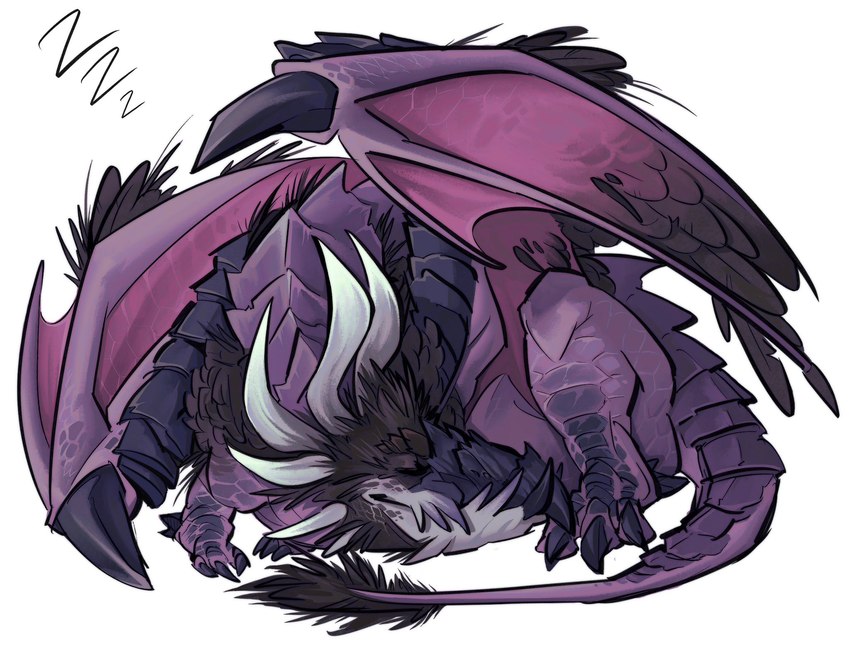 antagonist curled_up eyes_closed feathered_wings feathers female feral hair horn membrane_(anatomy) membranous_wings scales simple_background sleeping solo sound_effects tail text vowelless vowelless_sound_effect white_background wings zzz nmvsolidus blizzard_entertainment mythology warcraft raszageth dragon mythological_creature mythological_scalie scalie 2023 hi_res