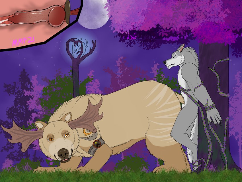 animal_genitalia animal_penis anthro anthro_on_feral anthro_penetrating anthro_penetrating_feral antlers bdsm bestiality bodily_fluids bondage bound canine_genitalia canine_penis cum detailed_background dominant dominant_female duo female female_on_anthro feral feral_penetrated forest genital_fluids genitals grass horn internal knot leaf male male/female male_on_feral moon night outside penetration penis plant sex submissive submissive_male tree vines mechanical_monster_factory blizzard_entertainment warcraft nighty_(paper-wings) opekun bear bovid bovine canid highmountain_tauren mammal tauren werecanid werecreature worgen 4:3 absurd_res hi_res