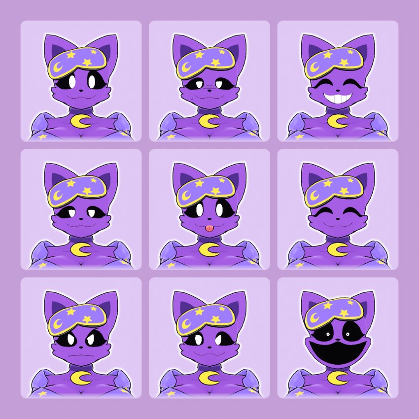 :3 angry anthro big_breasts black_sclera blep breasts cleavage closed_frown closed_smile clothed clothed_anthro clothed_female clothing creepy_face female frown fur grin huge_breasts mouth_closed multiple_expressions pajamas purple_body purple_fur smile solo tongue tongue_out vrchat_model theycallhimcake mob_entertainment poppy_playtime smiling_critters catnap_(poppy_playtime) dorthy_(theycallhimcake) domestic_cat felid feline felis mammal 1:1 2025 3d_(artwork) bust_portrait digital_media_(artwork) portrait