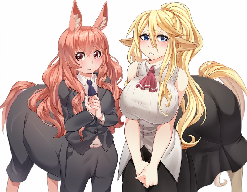 big_breasts blonde_hair blue_eyes blush breasts clothed clothing duo female hair humanoid_pointy_ears long_hair looking_at_viewer monster_girl_(genre) pointy_ears simple_background smile white_background iwbitu a_centaur's_life european_mythology greek_mythology monster_musume mythology centorea_shianus_(monster_musume) himeno_kimihara centaur equid equid_taur humanoid_taur mammal mammal_taur taur 2017 crossover digital_media_(artwork) shaded