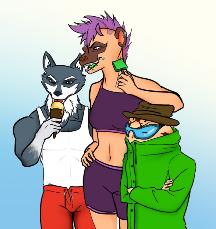 anthro clothed clothing ear_piercing female fur grey_body grey_fur group hair piercing pink_hair simple_background teeth tongue jeslynngo glue_studios rimba_racer pike_(rimba_racer) vyxx_(rimba_racer) xeno_(rimba_racer) amphibian canid canine canis frog hyena mammal spotted_hyena toad_(frog) wolf digital_media_(artwork)