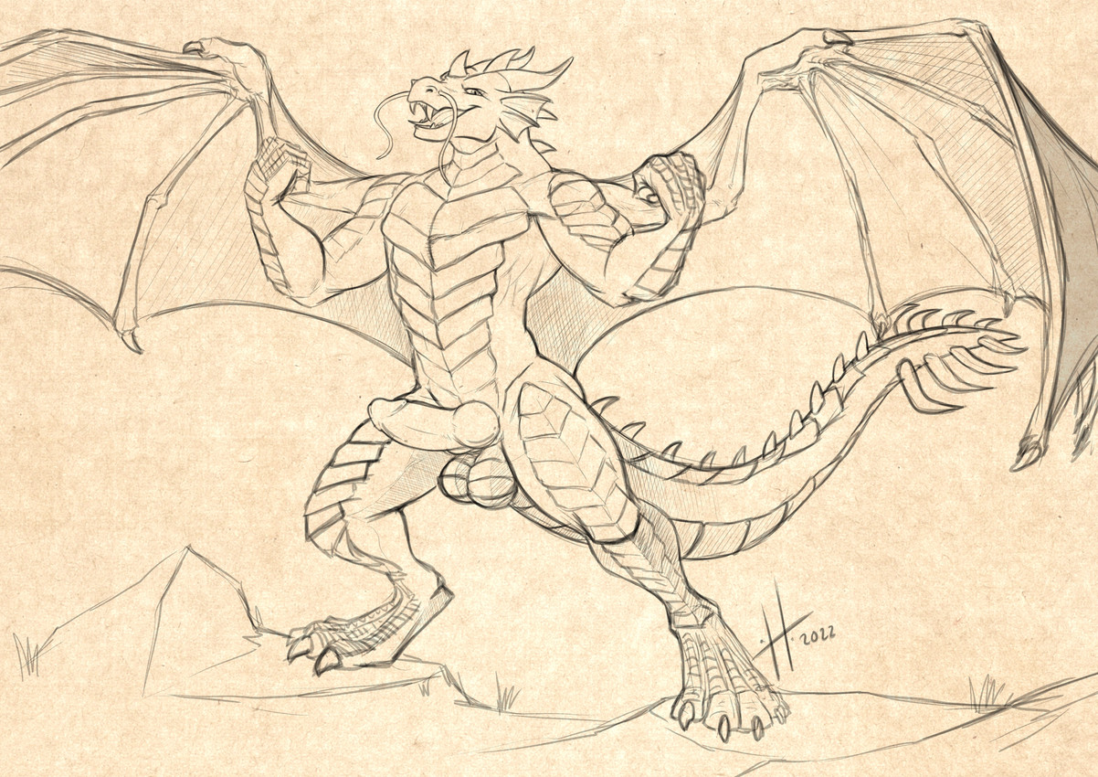 anthro athletic athletic_anthro athletic_male claws ear_frill erection fangs frill_(anatomy) front_view genitals head_spikes horn humanoid_genitalia humanoid_penis hybrid_genitalia hybrid_penis knot knotted_humanoid_penis knotted_penis looking_at_viewer male male_anthro membrane_(anatomy) membranous_wings narrowed_eyes nude open_mouth outside penis pose rock solo spiked_tail spikes spikes_(anatomy) spread_wings standing tail teeth toe_claws tongue tongue_out wing_claws wings hufnaar mythology dragon mythological_creature mythological_scalie scalie 2022 absurd_res dated full-length_portrait hi_res monochrome portrait sketch