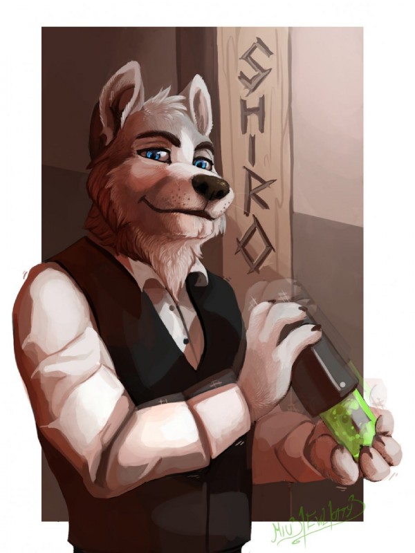 anthro beverage black_nose blue_eyes clothed clothing food fur grey_body grey_fur hair looking_at_viewer male shaker shirt short_hair smile solo text topwear vest white_body white_fur evilkitty3 shiro_(bishoop) canid canine canis domestic_dog husky mammal nordic_sled_dog spitz 3:4 hi_res