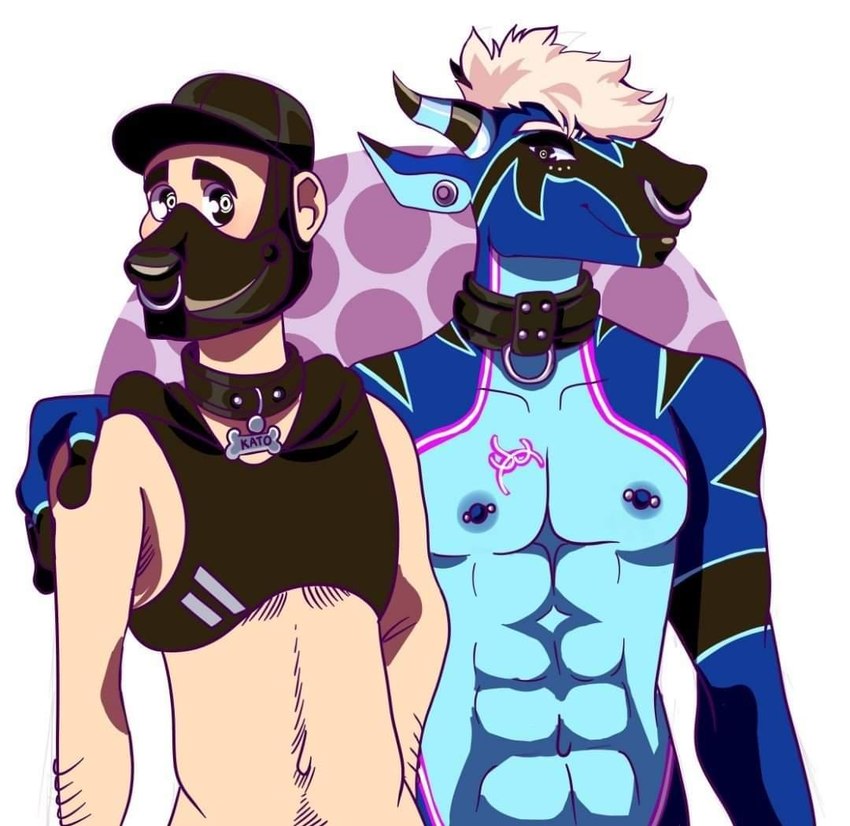 animal_mask anthro clothing collar duo ear_piercing facial_piercing glowing glowing_markings hair harness hat headgear headwear horn male male/male markings mask muscular muscular_male nipple_piercing nipples nose_piercing piercing pup_mask septum_piercing topwear unknown_artist mythology kato xargos dragon human mammal mythological_creature mythological_scalie scalie