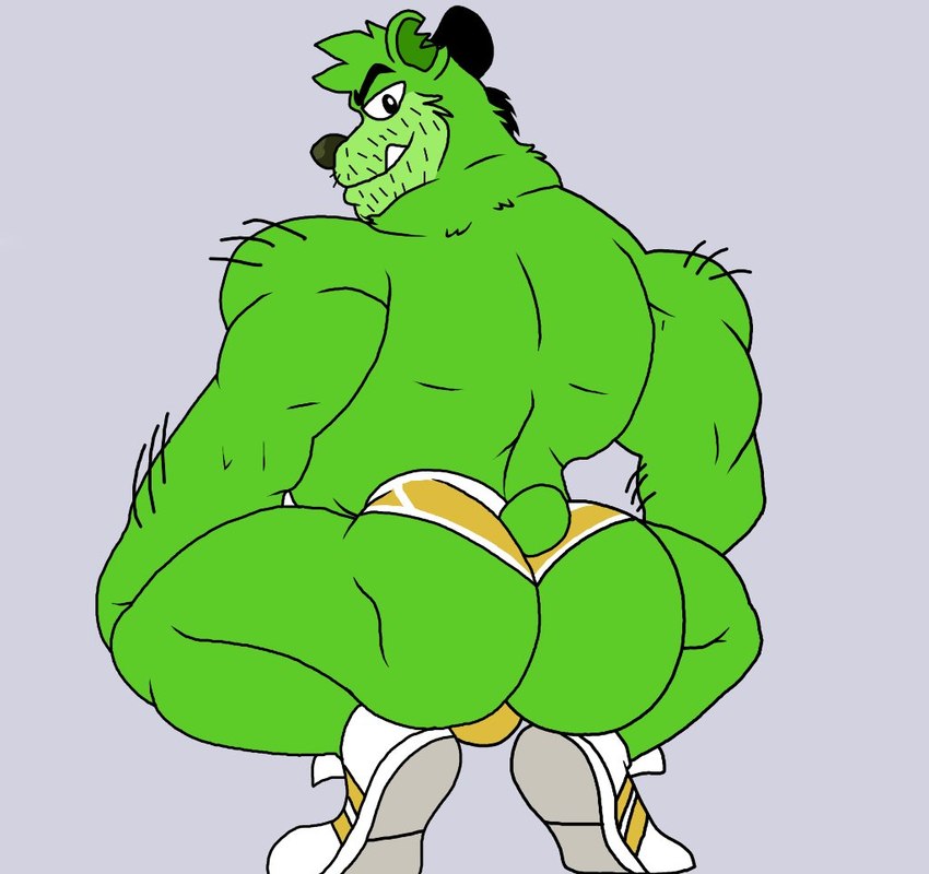 anthro black_nose butt candy clothing cute_fangs dessert fangs food green_body gummy_(food) gummy_bear_(food) male simple_background solo teeth underwear lewdookami broly_culo gummybear_and_friends gummibar bear food_creature mammal 2021 meme