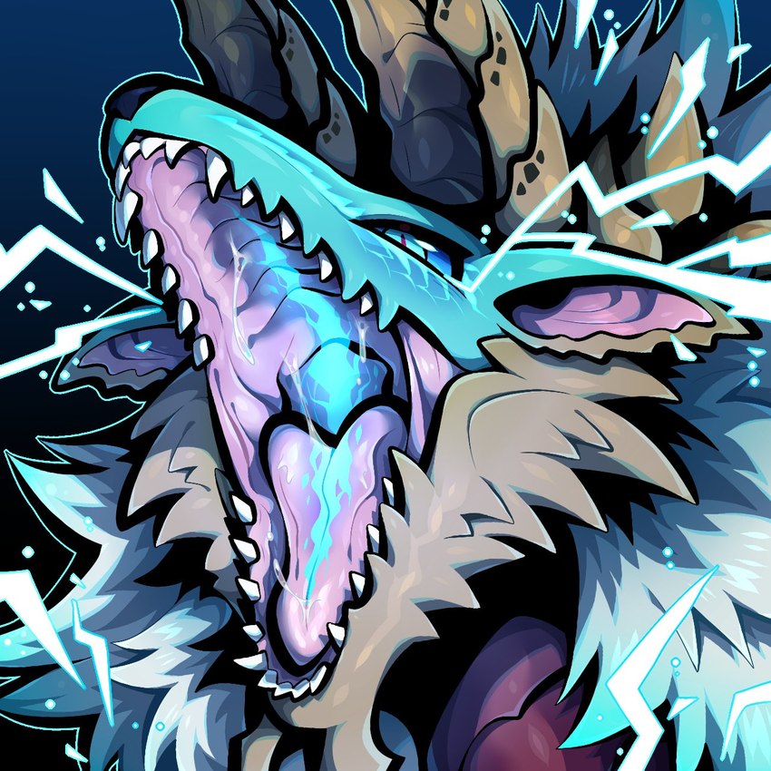 ambiguous_gender blue_body blue_fur brown_body brown_fur electricity feral fur horn kemono mouth_shot open_mouth solo tianhua capcom monster_hunter fanged_wyvern zinogre 1:1 2022 hi_res