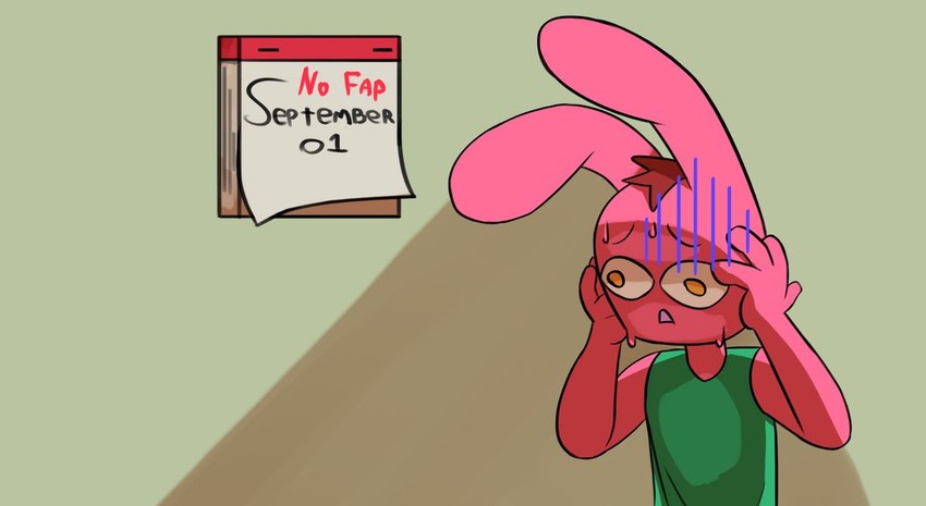 anthro bodily_fluids calendar clothing hair male nervous pink_body red_hair september_(month) shirt solo sweat text topwear yellow_eyes jovi_cap jovi_cap_(oc) lagomorph leporid mammal rabbit english_text