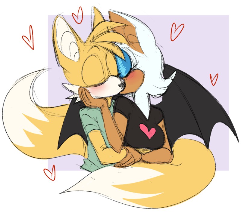 anthro blush breasts clothing duo eyes_closed female fur heart_symbol hug kissing kissing_cheek male membrane_(anatomy) membranous_wings romantic romantic_couple simple_background white_body white_fur wings yellow_body yellow_fur mitarashi sega sonic_the_hedgehog_(series) miles_prower rouge_the_bat bat canid canine fox mammal