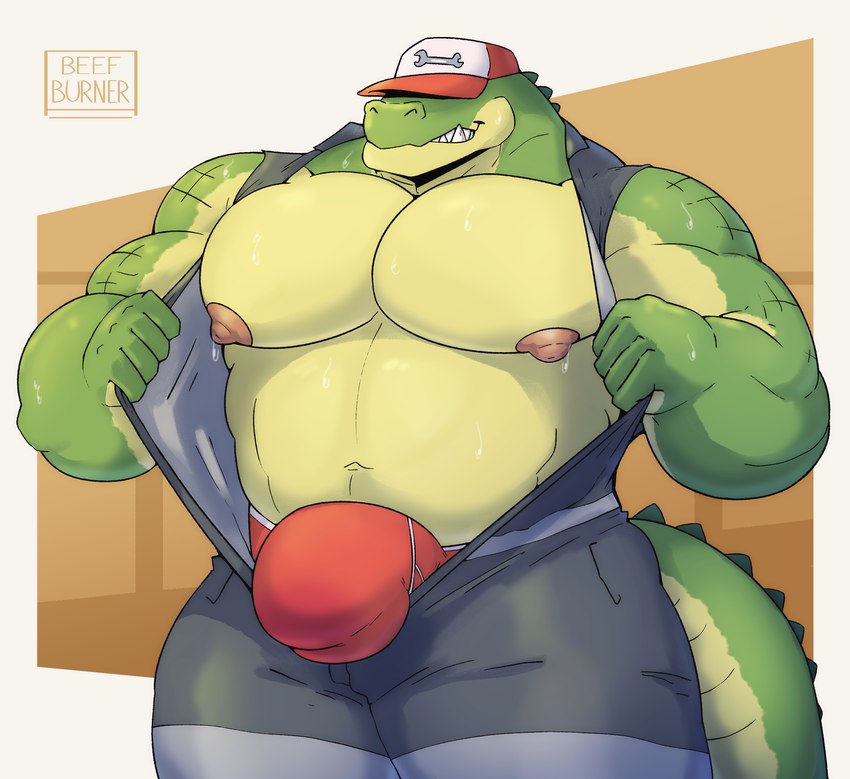 anthro areola barazoku baseball_cap belly biceps big_bulge big_muscles big_pecs biped bodily_fluids bulge clothed clothing coveralls covered_eyes green_body green_scales hat hat_over_eyes headgear headwear male musclegut muscular muscular_anthro muscular_male navel nipples obscured_eyes partially_clothed pecs pose scales simple_background smile solo standing sweat sweatdrop tail tan_body tan_scales teeth underwear beefburner alligator alligatorid crocodilian reptile scalie 2023 absurd_res digital_media_(artwork) hi_res pinup