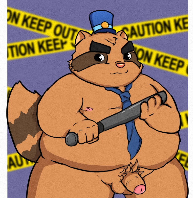 anthro balls barazoku baton brown_body brown_fur clothing eyebrows flaccid fur genitals hat headgear headwear humanoid_hands male moobs mostly_nude necktie nipples overweight overweight_anthro overweight_male penis pubes simple_background solo text thick_eyebrows kusosensei alice_detective_bureau inspector_arai mammal procyonid raccoon 2018 absurd_res english_text hi_res