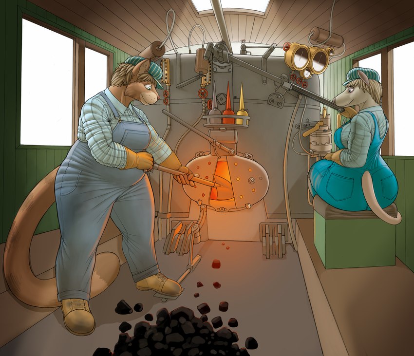 anthro blue_eyes brown_body brown_fur brown_hair clothing coal dirty dirty_clothing duo engineer_cap female flannel_shirt fur green_eyes hair hat headgear headwear inside_locomotive inside_train overalls plantigrade short_hair shovel slightly_chubby slightly_chubby_female steam_locomotive tools train vehicle vehicle_interior ndragon3 charlotte_keller ophelia_(panzerschreckleopard) american_opossum domestic_cat felid feline felis maine_coon mammal marsupial 2022 absurd_res colored hi_res