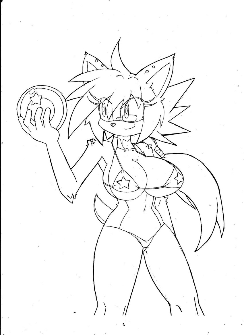 alternate_species anthro big_breasts bikini breasts clothed clothing dragon_ball_(object) ear_piercing female furrification holding_object navel piercing simple_background solo swimwear two-piece_swimsuit white_background superbunnygt dragon_ball dragon_ball_z sega sonic_the_hedgehog_(series) bulma eulipotyphlan hedgehog mammal hi_res monochrome