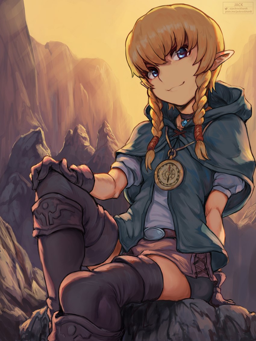 blonde_hair blue_eyes boots clothing female footwear gloves hair handwear humanoid_pointy_ears light_body light_skin looking_at_viewer not_furry pointy_ears rock shoes sitting smile solo jackrockhardt hyrule_warriors nintendo the_legend_of_zelda linkle humanoid hylian 2021 3:4 hi_res signature