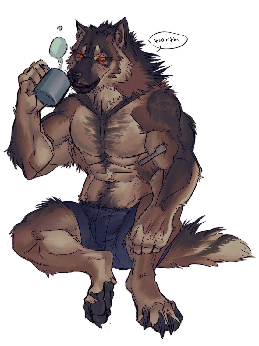 anthro beverage bottomwear brown_body brown_fur bulge claws clothing coffee digitigrade fluffy forearm_muscles fur glowing glowing_eyes male muscular muscular_male neck_tuft pawpads paws simple_background solo tuft nmvsolidus mythology canid canine canis mammal mythological_canine mythological_creature werecanid werecanine werecreature werewolf wolf hi_res