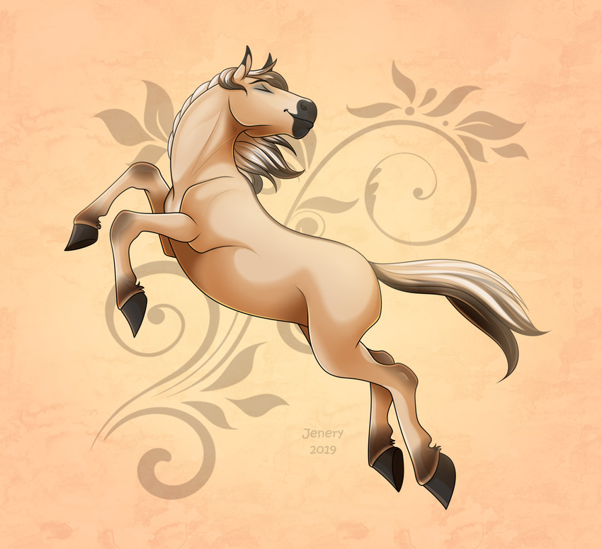 eyes_closed feral fur hair hooves male on_hind_legs pose prancing quadruped simple_background smile solo jenery draft_horse equid equine fjord_horse horse mammal absurd_res digital_media_(artwork) hi_res