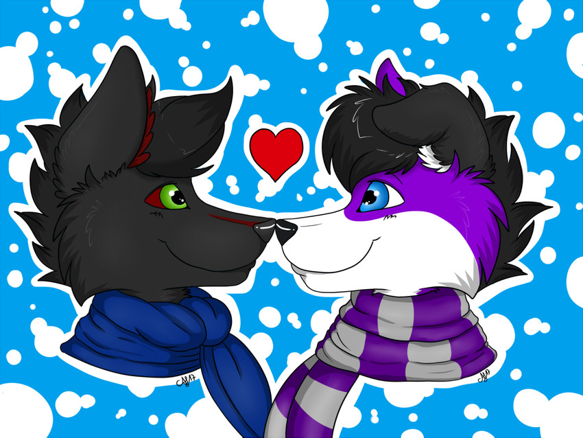 anthro black_body black_fur duo fur heart_symbol love male male/male nose_to_nose purple_body purple_fur romantic romantic_couple scarf winter asmodinara pawalo sarou canid canine canis domestic_dog elkhound mammal spitz wolf 4:3 headshot_portrait icon portrait