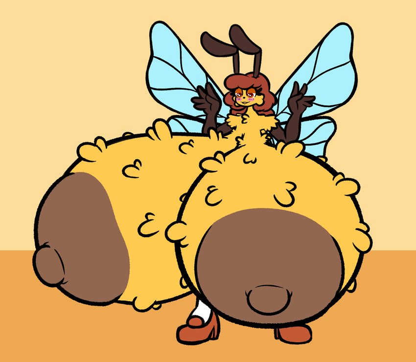 4_arms antennae_(anatomy) anthro areola arthropod_abdomen big_areola big_breasts big_nipples blush breasts brown_hair clothing female fluffy footwear fur hair half-closed_eyes high_heels huge_areola huge_breasts huge_nipples hyper hyper_breasts insect_wings multi_arm multi_limb narrowed_eyes nipples nude orange_eyes puffy_nipples shoes socks solo wings yellow_body yellow_fur sprucy arthropod bee honey_bee hymenopteran insect hi_res