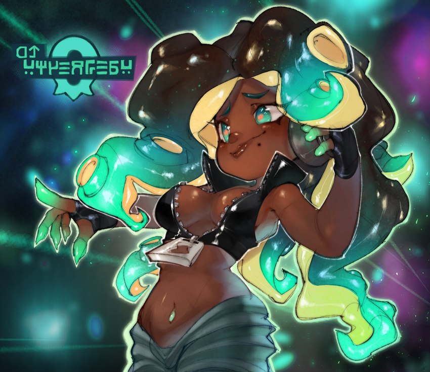 breasts cleavage clothed clothing cosmic_background crop_top electronics female green_eyes headphones midriff pseudo_hair shirt solo starry_background tentacle_hair tentacles topwear onimiere nintendo splatoon marina_(splatoon) cephalopod humanoid marine mollusk octarian octoling guide_lines hi_res