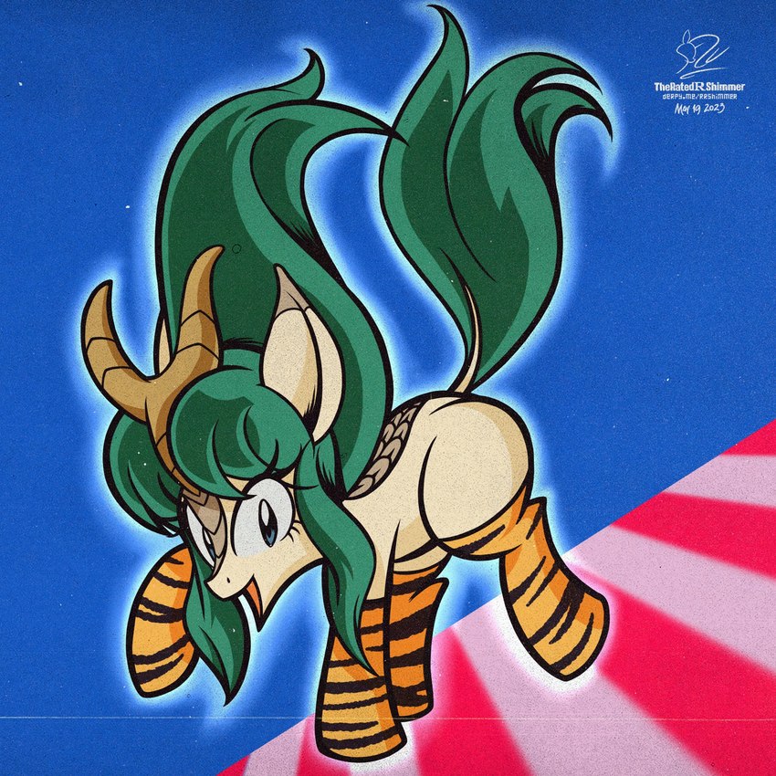 animal_print_legwear blue_background blue_eyes female feral green_hair green_tail hair long_socks looking_at_viewer open_mouth simple_background solo standing tail tiger_print_armwear theratedrshimmer urusei_yatsura lum_(urusei_yatsura) kirin_(mlp) 1:1 2023 digital_drawing_(artwork) digital_media_(artwork) hi_res signature