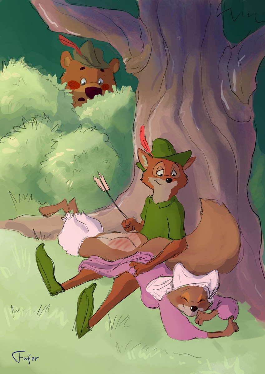 arrow_(weapon) barefoot being_watched blush bottomless butt butt_slap caning canon_couple clothed clothing duo_focus feet female group hand_on_hip looking_at_another looking_pleasured love male paws plantigrade ranged_weapon slap smile spank_marks spanking toes trio voyeur weapon fufer disney robin_hood_(disney) little_john maid_marian robin_hood bear canid canine fox mammal red_fox true_fox hi_res