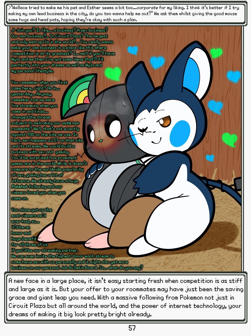 ambiguous/ambiguous ambiguous_gender anthro blush dialogue duo entwined_tails hay heart_eyes heart_symbol hug machine male narration steam tail tail_coil text usb_tail wall_(structure) wall_of_text wood wood_wall softestpuffss nintendo pokemon pokemon_mystery_dungeon rodent_powered_(softestpuffss) spike_chunsoft exio_(rodent_powered) skye_(rodent_powered) emolga generation_5_pokemon living_machine mammal pokemon_(species) rodent absurd_res english_text hi_res trans_(lore) trans_man_(lore)