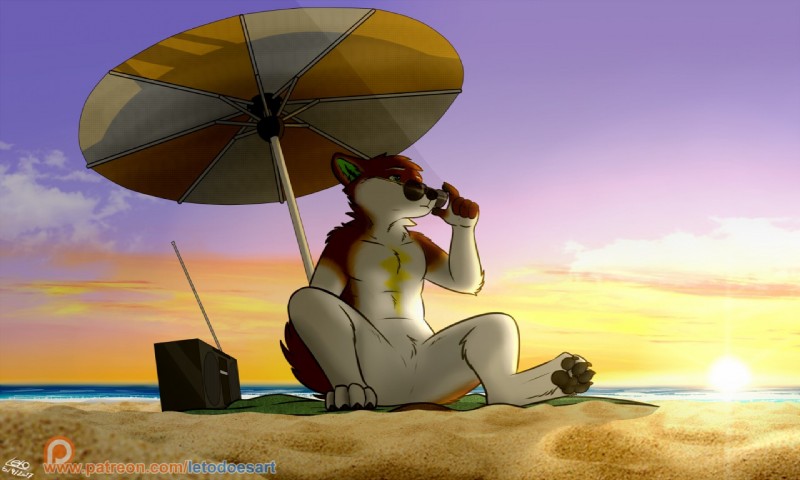 anthro beach brown_body brown_fur detailed_background electronics eyewear fur green_body green_eyes green_fur nude outside pawpads radio sand seaside sky solo sunglasses umbrella water yellow_body yellow_fur letodoesart jz-jake canid canine canis domestic_dog mammal 5:3