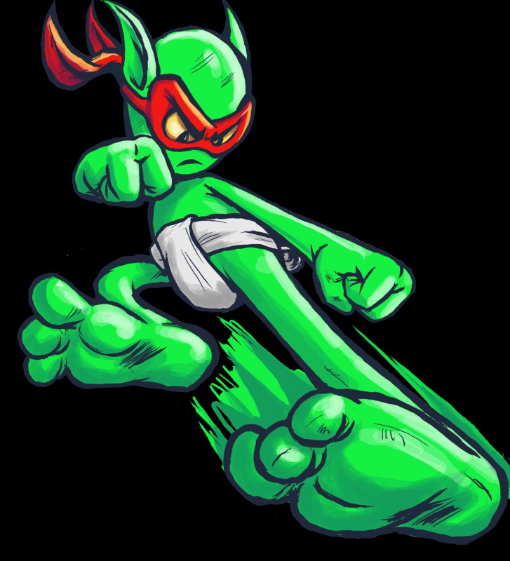 asian_clothing barefoot clothing east_asian_clothing feet japanese_clothing kick male mawashi ninja not_furry solo toony warrior runde zool_(series) zool alien goblin gremlin humanoid 2016 alpha_channel hi_res