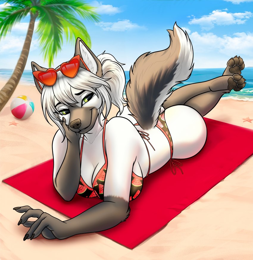 4_toes 5_fingers anthro ball barefoot beach beach_ball beach_towel big_breasts big_butt bikini bikini_bottom bikini_top black_nose black_pawpads blue_sky breasts butt claws cleavage clothed clothed_anthro clothed_female clothing day eyewear eyewear_on_head feet female finger_claws fingers fur gloves_(marking) hair inflatable leg_markings lying markings nature on_front on_towel outside palm_tree pawpads plant print_bikini print_clothing print_swimwear sand sea sky smile socks_(marking) solo sunglasses sunglasses_on_head swimwear tail toe_claws toes towel tree two-piece_swimsuit water white_body white_fur white_hair nliiz louise_(grimsilverfire) arctic_fox canid canine fox mammal true_fox 2024 hi_res