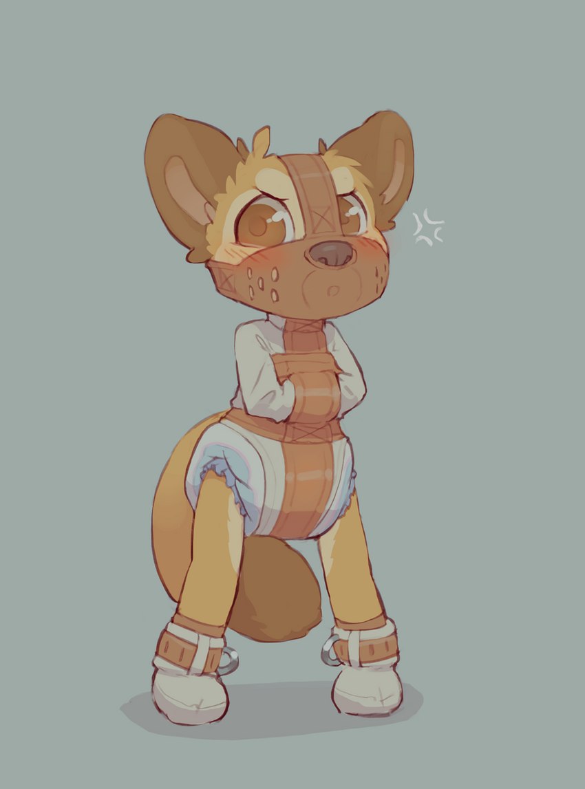 anthro bdsm blush bound clothing diaper gag male muzzle_(object) restraints solo straitjacket young young_anthro skidoo canid canine mammal digital_media_(artwork) hi_res