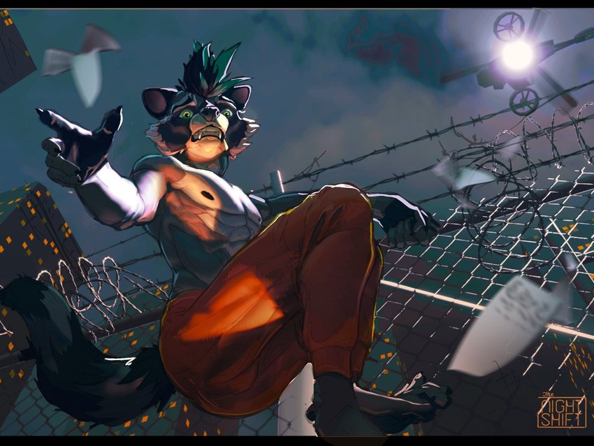 abs action_pose aircraft anthro areola athletic athletic_anthro athletic_male barbed_wire barefoot black_areola bottomwear chain-link_fence climbing climbing_fence clothed clothing feet fence green_eyes helicopter looking_at_viewer looking_down looking_down_at_viewer low-angle_view male night orange_bottomwear orange_clothing orange_pants pants pants_only pecs pose solo topless vehicle redsummer procyon_(redsummer) mammal procyonid raccoon 4:3 digital_media_(artwork)