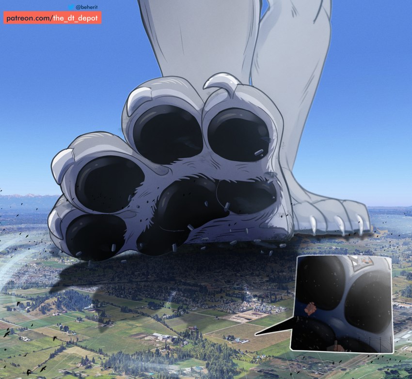 ambiguous_gender black_pawpads building city city_crushing claws clear_sky debris feet foot_fetish foot_focus fur hindpaw macro macro_ambiguous pawpads paws photo_background plant public sky stomping tree twitter_logo white_body white_fur beherit patreon twitter canid canine canis mammal wolf hi_res photography_(artwork)