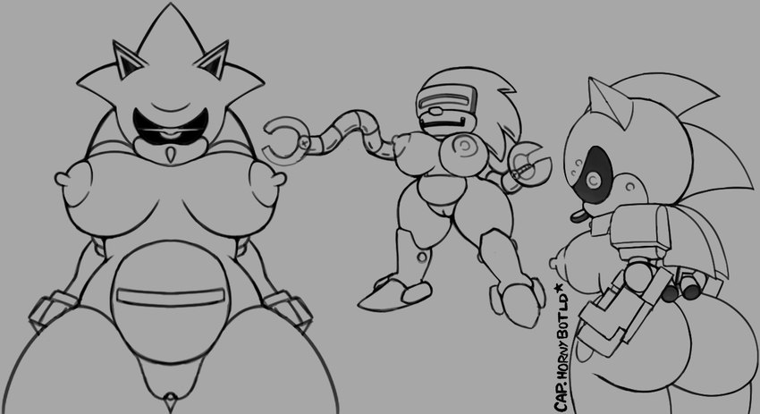 1_eye anthro areola big_breasts big_butt black_sclera breasts butt crossgender female front_view genitals grey_background group huge_butt looking_at_viewer looking_back looking_back_at_viewer machine nipples pussy rear_view simple_background thick_thighs trio wide_hips captainhornybotld sega sonic_the_hedgehog_(series) mecha_sonic mecha_sonic_mark_ii silver_sonic eulipotyphlan hedgehog mammal robot