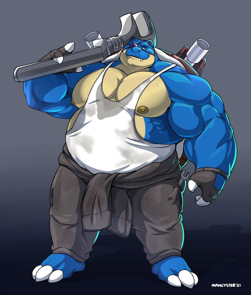 anthro belly blue_body bottomwear clothing eye_patch eyewear male musclegut muscular muscular_anthro muscular_male nipples overweight overweight_anthro overweight_male pants pecs plantigrade shell shirt shoulder_cannon solo tank_top tools topwear wrench manlyster nintendo pokemon blastoise generation_1_pokemon pokemon_(species) hi_res