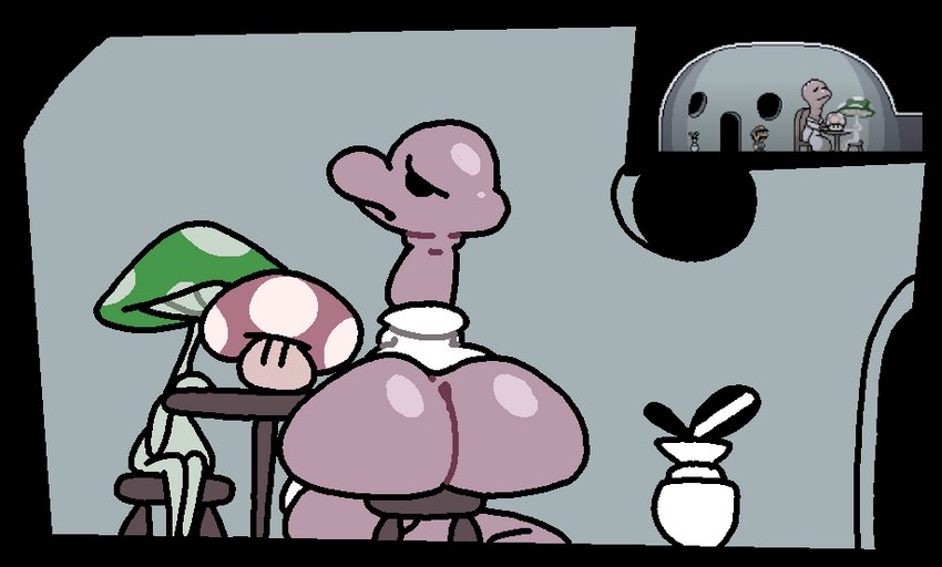 ambiguous_gender anthro big_butt butt clothing duo fungus furniture glistening huge_butt limbless mushroom mushroom_cap nude plant plant_pot potted_plant rear_view robe sad screencap simple_background table wide_hips superiorfox mario's_mystery_meat vinesauce meat_(vinesauce) sponge_(vinesauce) elemental_creature elemental_humanoid fungi_fauna fungi_humanoid humanoid mushroom_humanoid worm digital_media_(artwork)