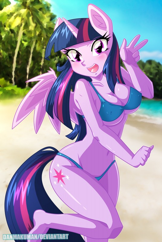 anthro anthrofied bikini blush breasts cleavage clothed clothing feathered_wings feathers female gesture hand_gesture horn looking_at_viewer plantigrade solo swimwear two-piece_swimsuit v_sign wings danmakuman friendship_is_magic hasbro my_little_pony mythology twilight_sparkle_(mlp) equid equine mammal mythological_creature mythological_equine winged_unicorn 2016 absurd_res hi_res