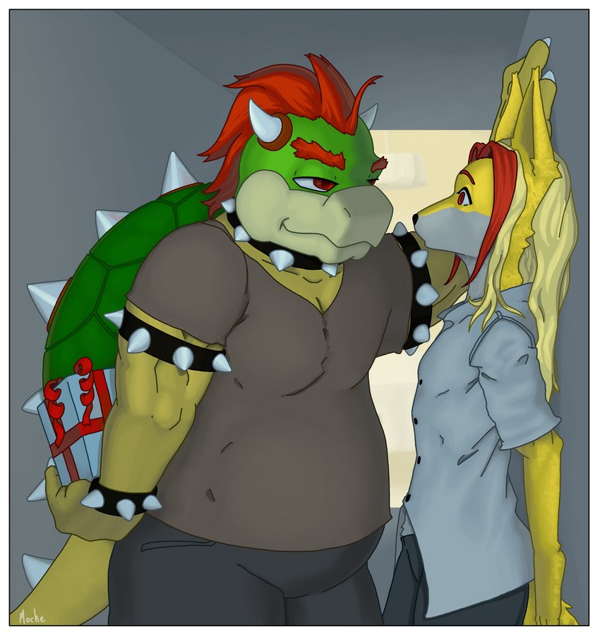 anthro border clothed clothing duo gift male male/male white_border moche mario_bros nintendo utau bowser dodger_akame_(character) canid canine canis koopa mammal reptile scalie turtle wolf hi_res