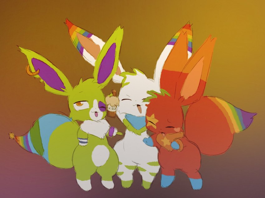 alcohol ambiguous_gender anthro anthrofied beer beverage biped chibi fur green_body green_fur group multicolored_body multicolored_fur open_mouth open_smile rainbow_body rainbow_fur red_body red_fur semi-anthro smile sparklefur standing trio conditional_dnp labbit_(artist) eevee_party nintendo pokemon canid eevee generation_1_pokemon mammal pokemon_(species) hi_res