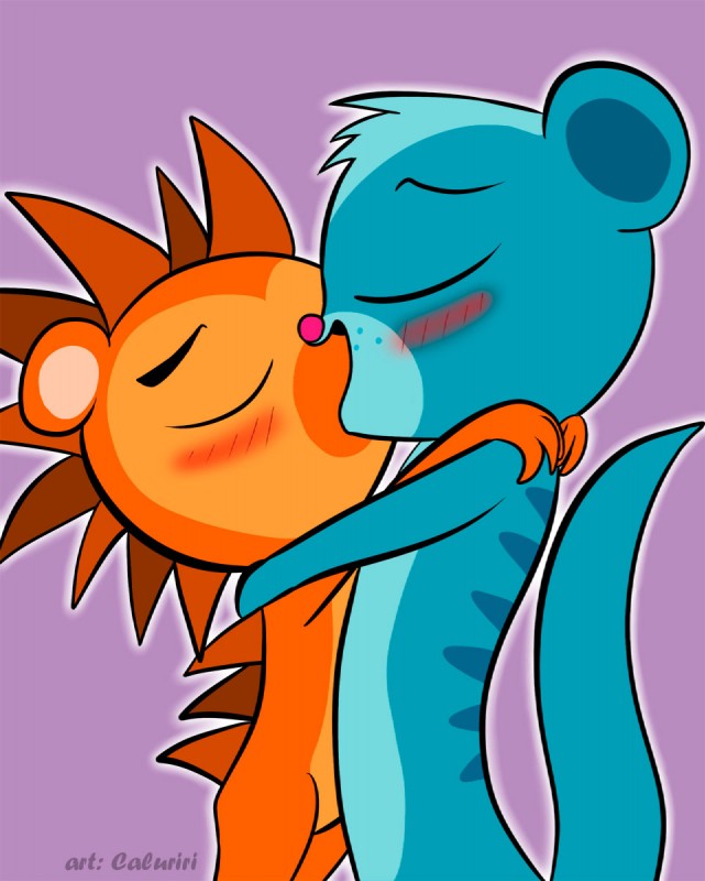 black_nose blue_body blue_fur blue_tail blush duo eyes_closed fur interspecies kiss_on_lips kissing male male/male orange_body orange_fur pink_nose purple_background semi-anthro simple_background tail text caluriri hasbro littlest_pet_shop littlest_pet_shop_(2012) russell_ferguson sunil_nevla eulipotyphlan hedgehog herpestid mammal mongoose 2013 artist_name digital_drawing_(artwork) digital_media_(artwork) hi_res