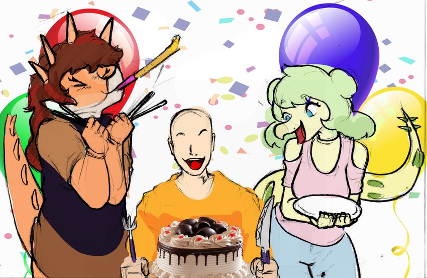 anthro bald balloon blue_eyes brown_hair cake clothing confetti cutlery dessert detailed_background dress eyelashes female fingers food fork green_hair group hair inflatable kitchen_utensils knife light-skinned_male light_body light_skin long_hair long_tail male multicolored_body multicolored_scales open_mouth open_smile orange_body orange_scales party_horn scales smile snout spiked_tail spikes spikes_(anatomy) tail tan_body tan_scales tools trio two_tone_body two_tone_scales yellow_body yellow_scales minabaudelair cavemanon_studios goodbye_volcano_high snoot_game anon_(snoot_game) rosa_(gvh) stella_(gvh_beta) aquilops ceratopsian dinosaur human mammal ornithischian prehistoric_species reptile scalie stegosaurian stegosaurus thyreophoran 2024 digital_drawing_(artwork) digital_media_(artwork) hi_res