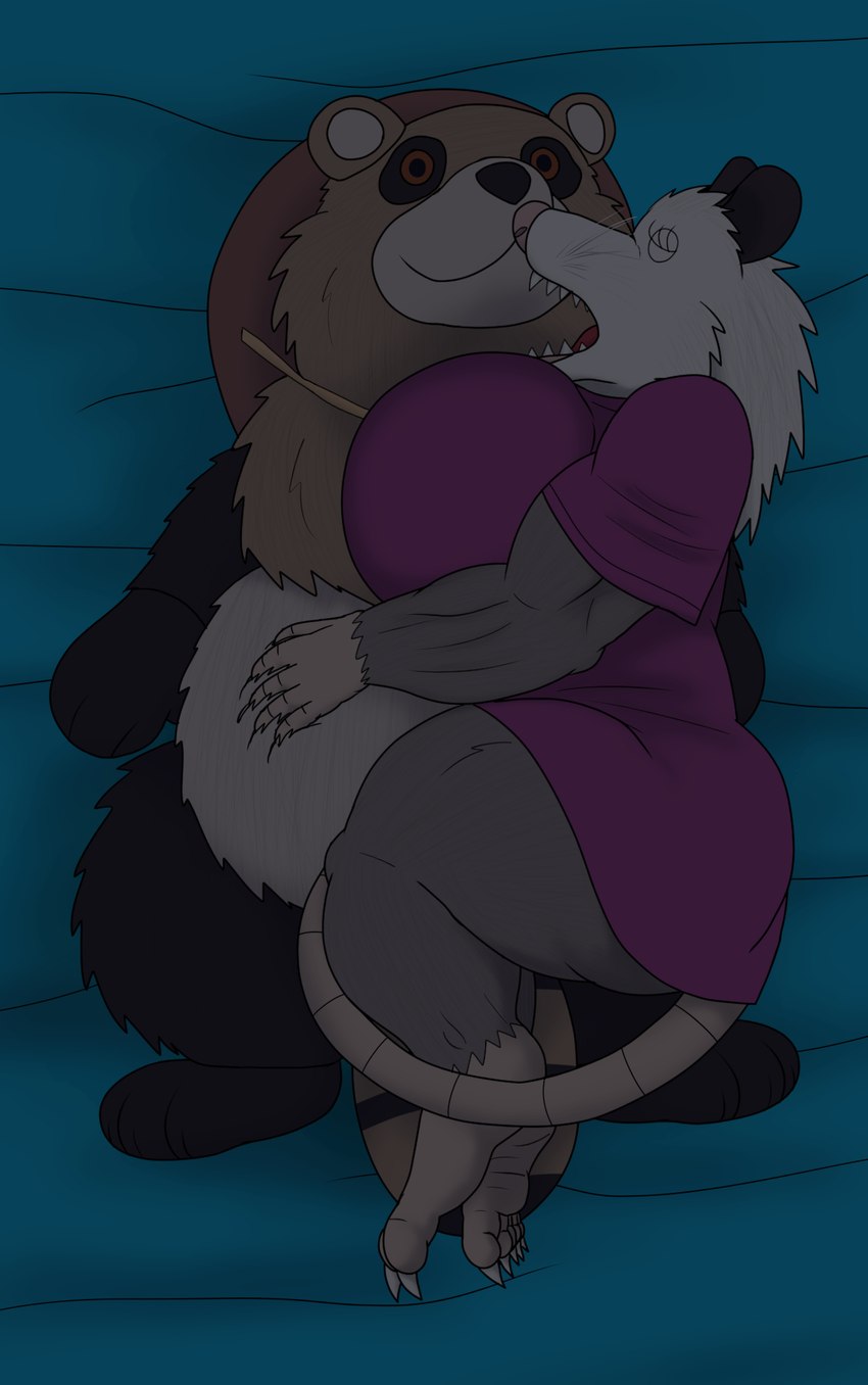 anthro big_breasts breasts feet female huge_breasts muscular muscular_female pajama_shirt plushie short_stack sleeping soles solo thick_thighs wide_hips alythewolfcat martha_the_mechanic american_opossum canid canine mammal marsupial raccoon_dog tanuki hi_res