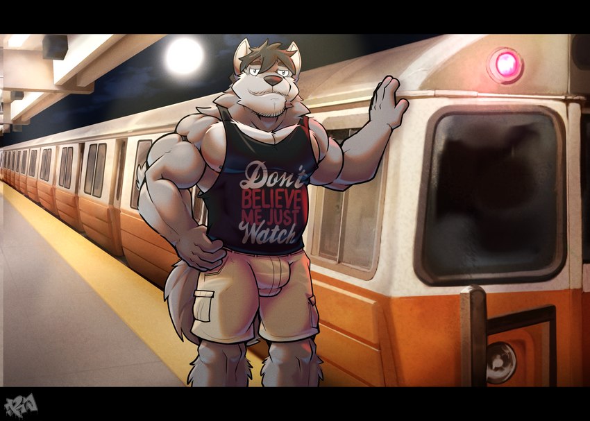 anthro big_muscles bottomwear bulge cargo_shorts clothing detailed_bulge full_moon male moon muscular rapid_transit red_light shirt shorts solo standing tank_top topwear train_station resondog mbta jake_(jakewolf00) canid canine canis mammal wolf absurd_res hi_res