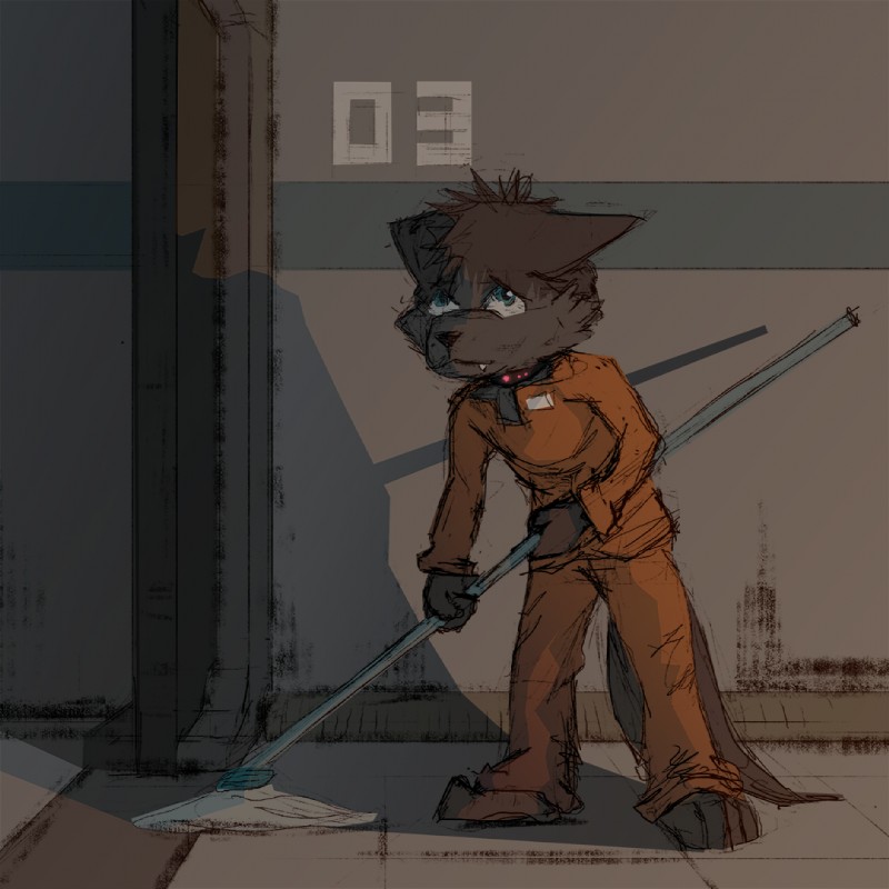 4_toes anthro barefoot black_body black_fur blue_eyes cleaning cleaning_tool collar fangs feet fur janitor male mop nervous prisoner sad slave solo teeth text toes young young_anthro young_male dakkawoof dakka canid canine canis mammal wolf 1:1 2018 english_text story story_in_description