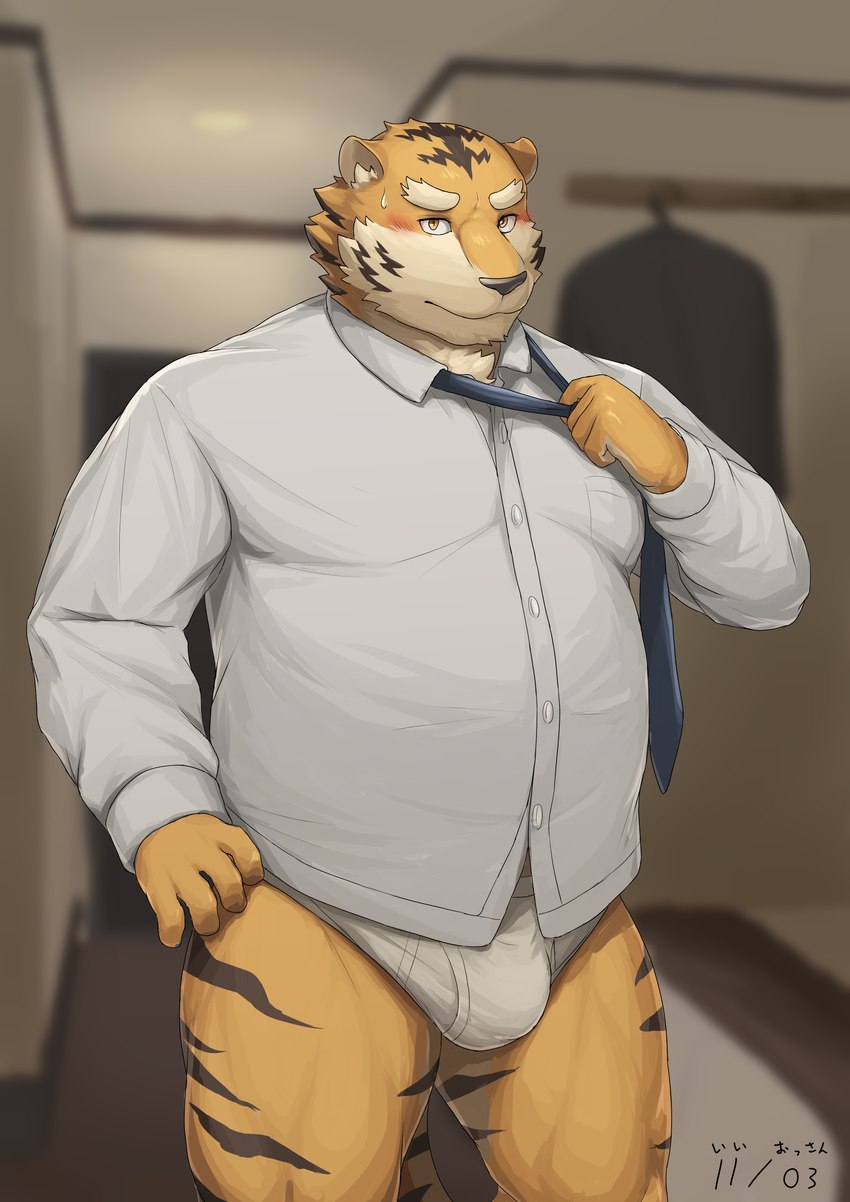 anthro belly big_belly black_nose blush bodily_fluids briefs brown_body brown_fur bulge clothing detailed_background fur grey_necktie grey_tie humanoid_hands inside kemono male necktie orange_body orange_fur overweight overweight_male shirt shirt_pocket solo stripes sweat tan_body tan_fur tighty_whities topwear underwear undressing white_briefs white_clothing white_dress_shirt white_shirt white_topwear white_underwear barontoko felid mammal pantherine tiger 2021 absurd_res hi_res