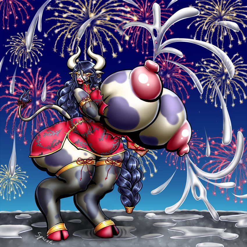 anthro areola asian_clothing big_breasts biped blue_hair bodily_fluids braided_hair breast_expansion breasts bursting_out bursting_out_of_clothing chinese_clothing chinese_dress clothed clothing detailed_background dress east_asian_clothing expansion female fireworks hair hanging_breasts holidays hooves horn hourglass_expansion huge_breasts huge_lips hyper hyper_breasts lactating lips looking_at_viewer milk night partially_clothed projectile_lactation puffy_areola red_hooves single_braid solo standing tail tail_tuft torn_clothing tuft wardrobe_malfunction white_horn spacefur chinese_zodiac new_year year_of_the_ox bovid bovine cattle mammal 1:1 2021 digital_media_(artwork) signature